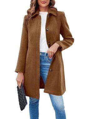 Women's Coffee Wool Turn Down Collar Long Sleeve Single Breasted Winter Pea Coat